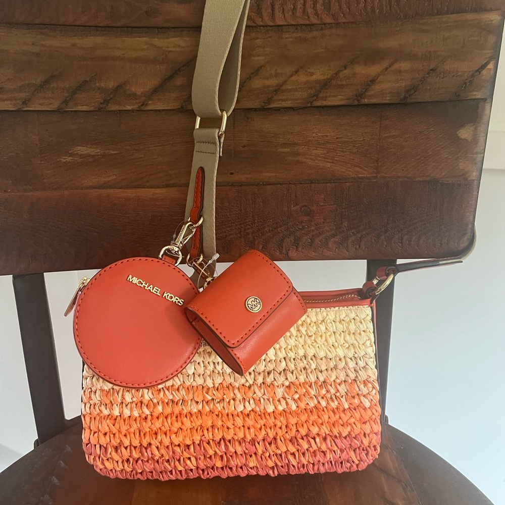 Michael Kors Straw Orange Ombre’ Bag, Coin Purse & Earbud Holder - FREE SHIP
